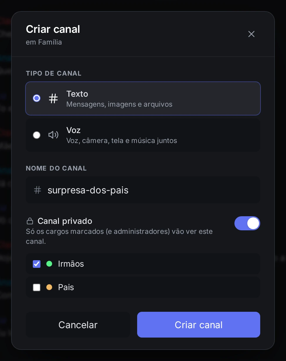 Janela Criar canal do nexo chat: canal de texto surpresa-dos-pais marcado como privado, visível só para o cargo Irmãos.